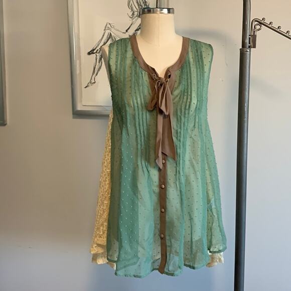 Ryu Sheer Lace Ruffle Green Brown Shirt Dress Boho Fairy Small New with Tags - Picture 1 of 8